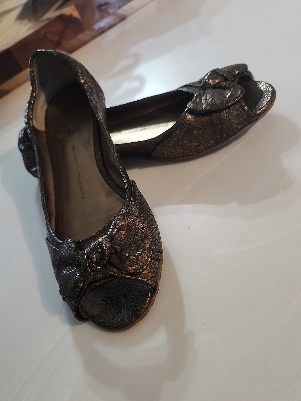Franco Sarto Metallic Bronze Peep-Toe Flats with Bow Detail